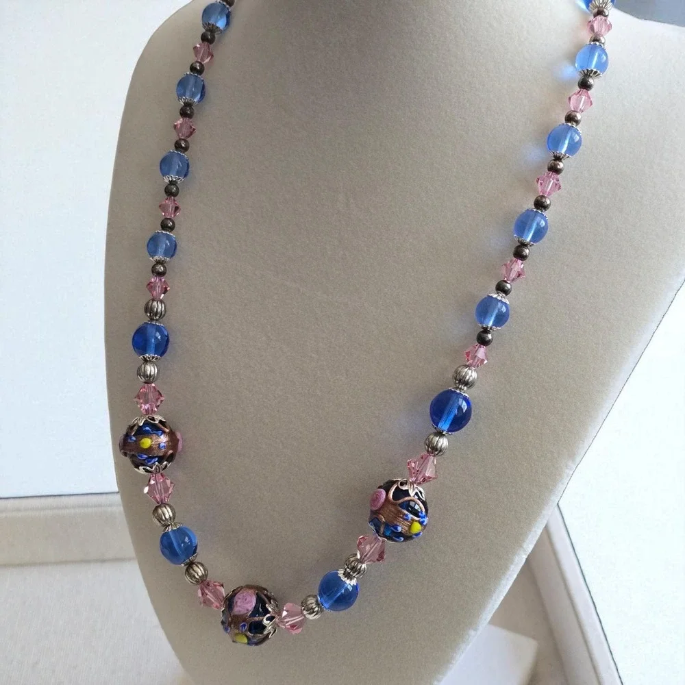 Murano Glass Wedding Cake Bead Necklace Sterling 925 Blue Pink Venetian Lampwork